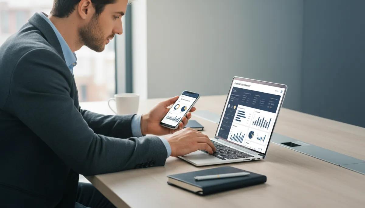 Marketer analyzing social media advertising metrics on laptop and smartphone