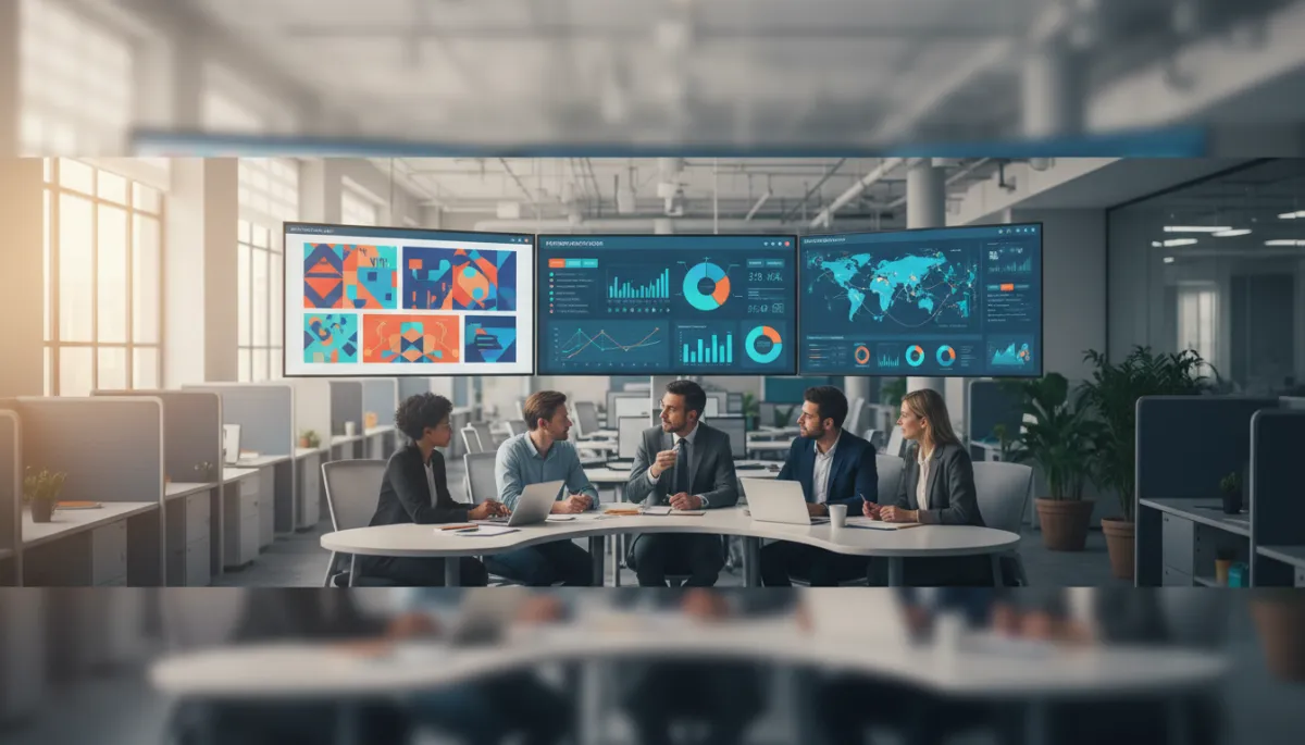 Marketing team collaborating on display advertising creatives and dashboards
