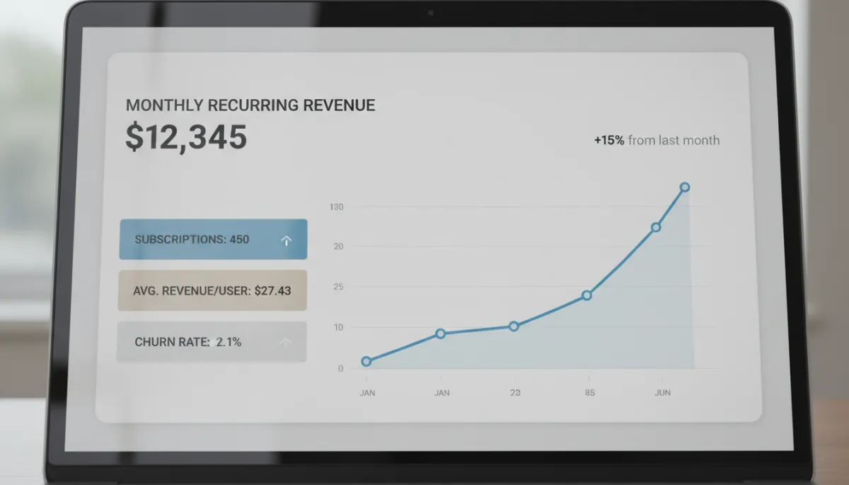 Laptop displaying passive monthly subscription income growth dashboard