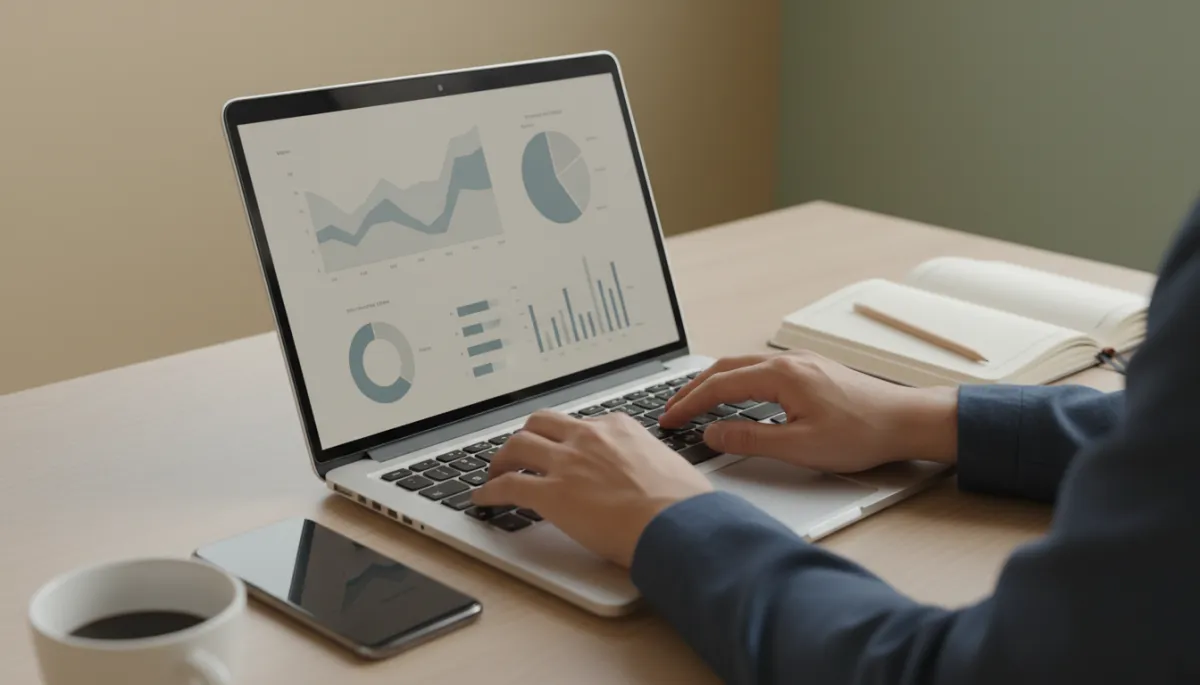 Close-up of focused hands typing on a laptop with analytics dashboard Close-up of focused hands typing on a laptop with analytics dashboard