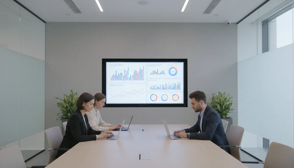 Entrepreneurs reviewing performance charts in a neutral-toned meeting room Entrepreneurs reviewing performance charts in a neutral-toned meeting room