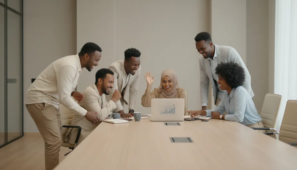 Koox ganacsato Soomaali ah oo faraxsan oo ka doodaya natiijooyinka ganacsi ee online Koox ganacsato Soomaali ah oo faraxsan oo ka doodaya natiijooyinka ganacsi ee online