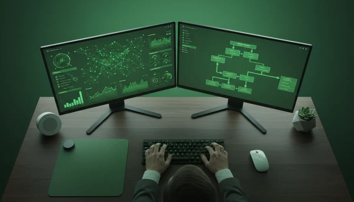 Digital dashboards showing automated traffic and funnel operations as modern tenants