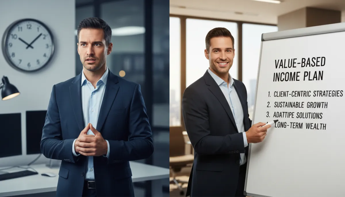 Photorealistic split-screen of Said Ereg on left looking stressed checking the clock, and on right looking confident while presenting a value-based income plan on a whiteboard with black text on white background Photorealistic split-screen of Said Ereg on left looking stressed checking the clock, and on right looking confident while presenting a value-based income plan on a whiteboard with black text on white background