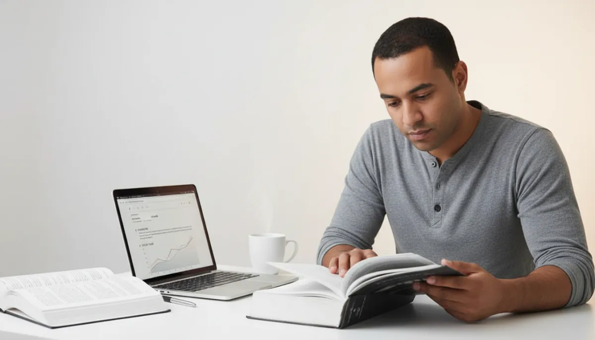 Photorealistic close-up of Said Ereg studying business and personal development books at a white table, black text on white book pages, laptop open with notes about increasing income and value Photorealistic close-up of Said Ereg studying business and personal development books at a white table, black text on white book pages, laptop open with notes about increasing income and value