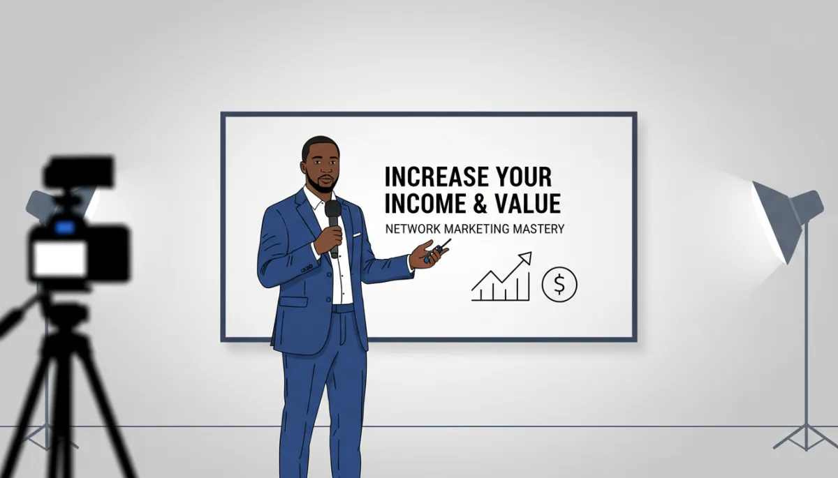 Photorealistic scene of Said Ereg recording a business training video about increasing income and value for a network marketing audience, white background with black text on a presentation screen Photorealistic scene of Said Ereg recording a business training video about increasing income and value for a network marketing audience, white background with black text on a presentation screen