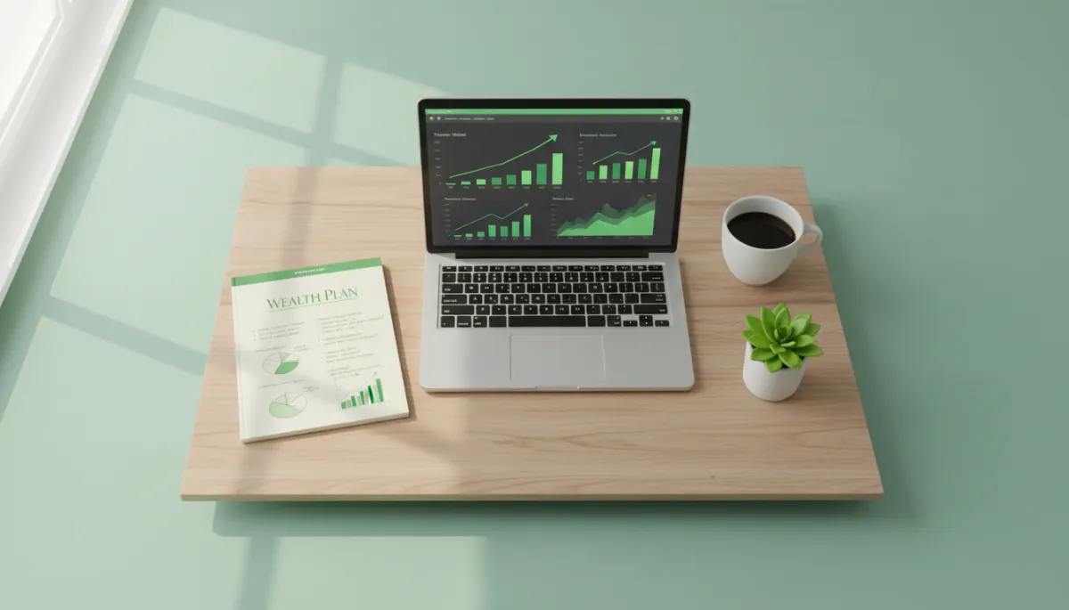 Desk with a wealth plan notebook and laptop showing growing charts Desk with a wealth plan notebook and laptop showing growing charts