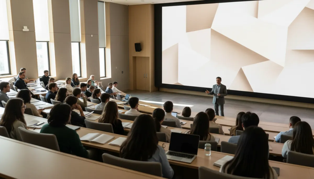 University lecture hall full of engaged students listening to a professor University lecture hall full of engaged students listening to a professor
