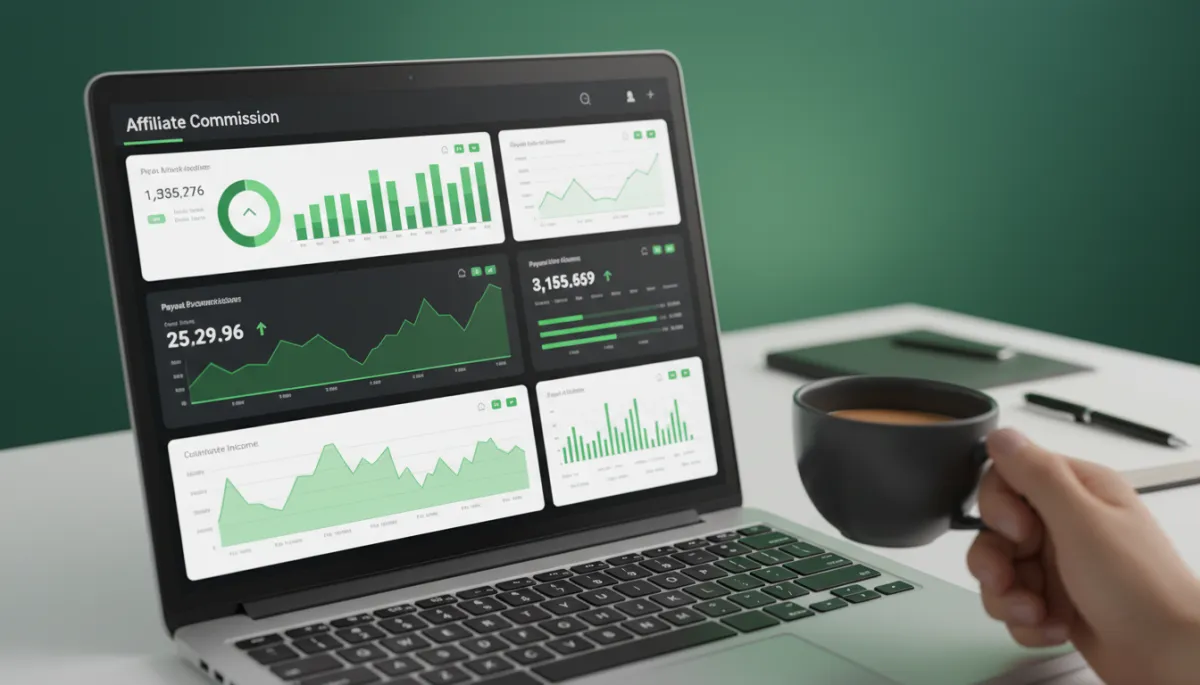 Online income and affiliate commissions dashboard with green highlights on a laptop Online income and affiliate commissions dashboard with green highlights on a laptop