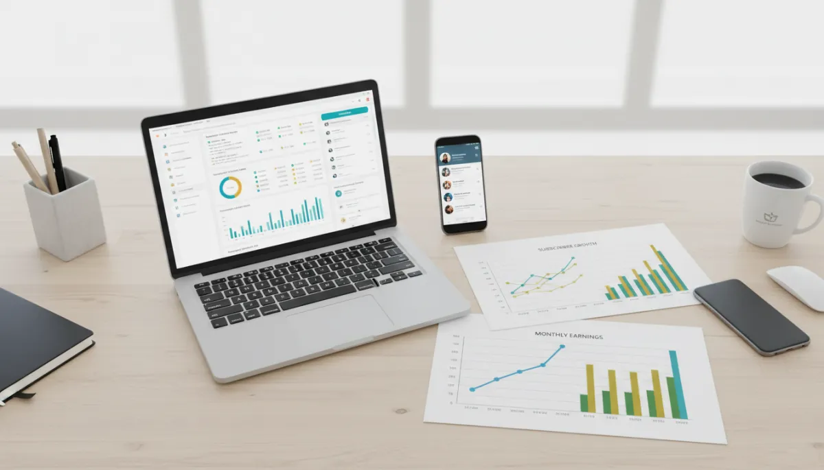 Email marketing dashboard and subscriber growth charts on a marketer's desk