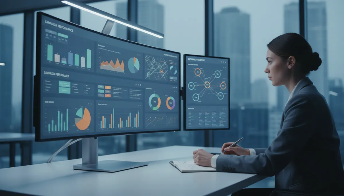 Digital advertising analytics and referral income statistics on computer screens