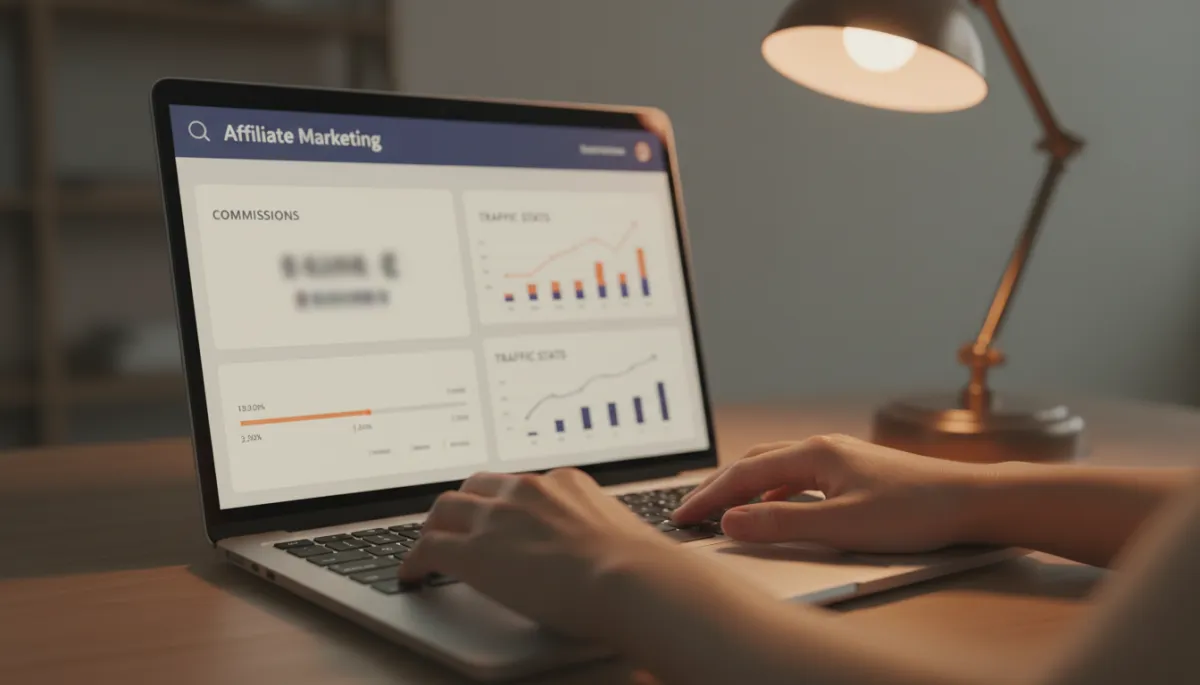 Photorealistic close-up of laptop showing affiliate marketing dashboard