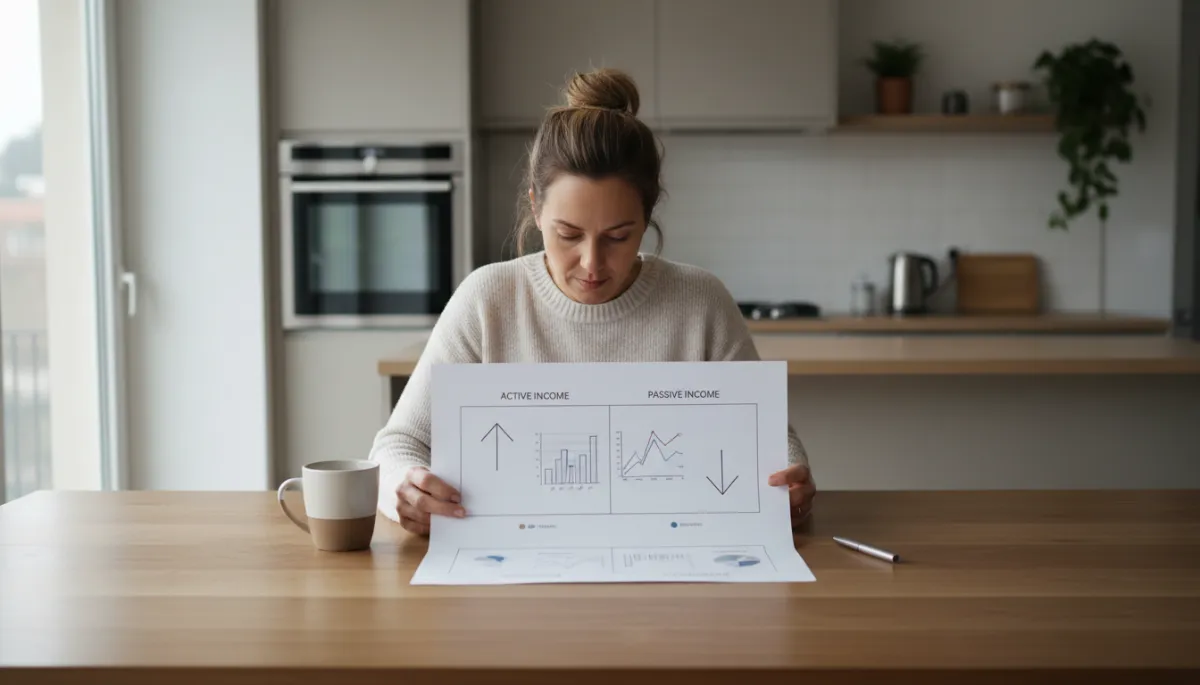 Photorealistic scene of person comparing active and passive income on paper