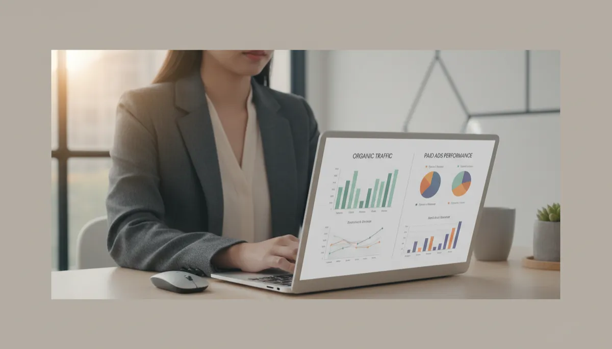 Photorealistic scene of a marketer comparing free and paid traffic dashboards on a laptop Photorealistic scene of a marketer comparing free and paid traffic dashboards on a laptop