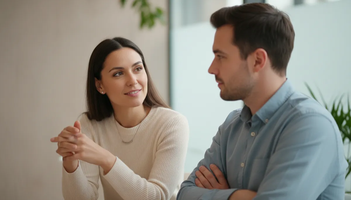 Leader having a calm one-on-one coaching conversation with a team member, modeling active listening, mentorship, and personal growth in leadership