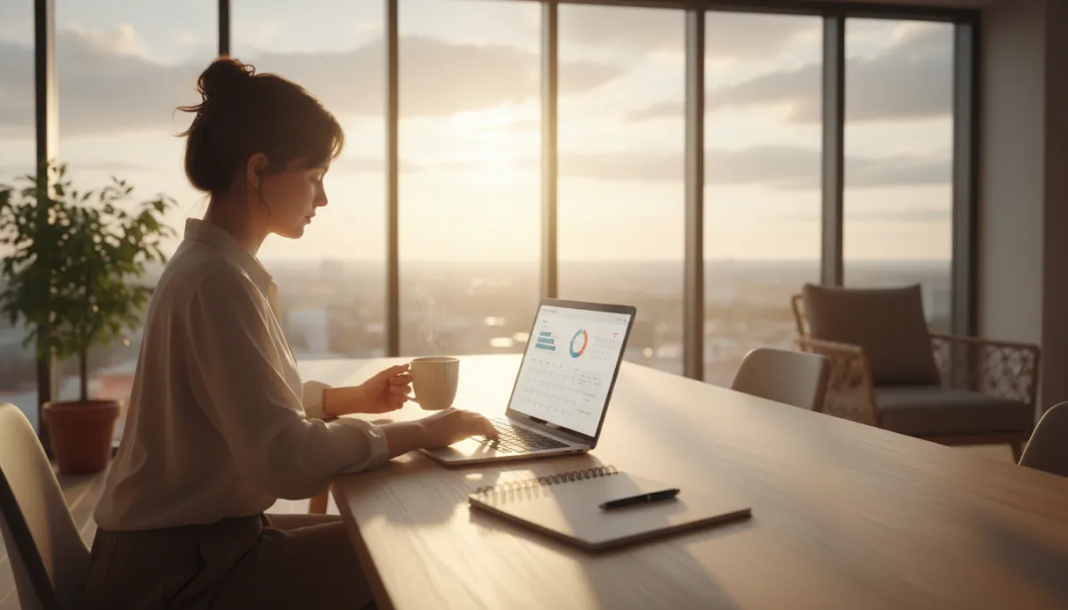photorealistic/inspirational scene of an online entrepreneur working at a clean desk near a large window at sunrise, warm neutral tones, laptop open with productivity dashboard, notebook and coffee nearby, soft natural light symbolizing calm focused energy