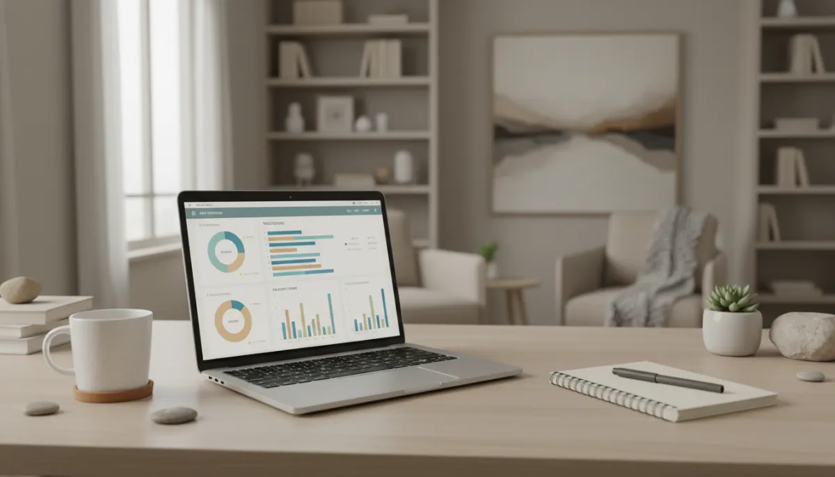photorealistic neutral-toned home office with laptop showing income charts on screen, calm daylight, coffee mug and notebook on desk, subtle depth of field