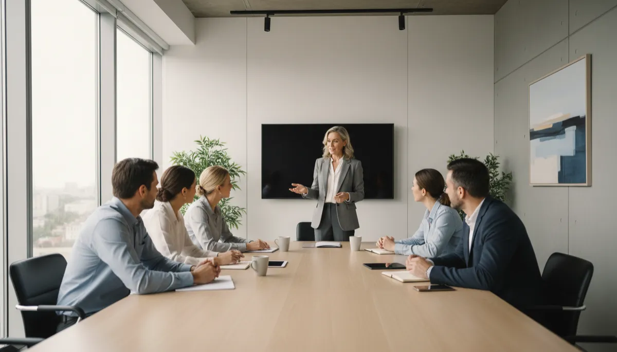Calm business leader guiding a diverse team in a modern office, illustrating trust-building leadership and personal growth at work