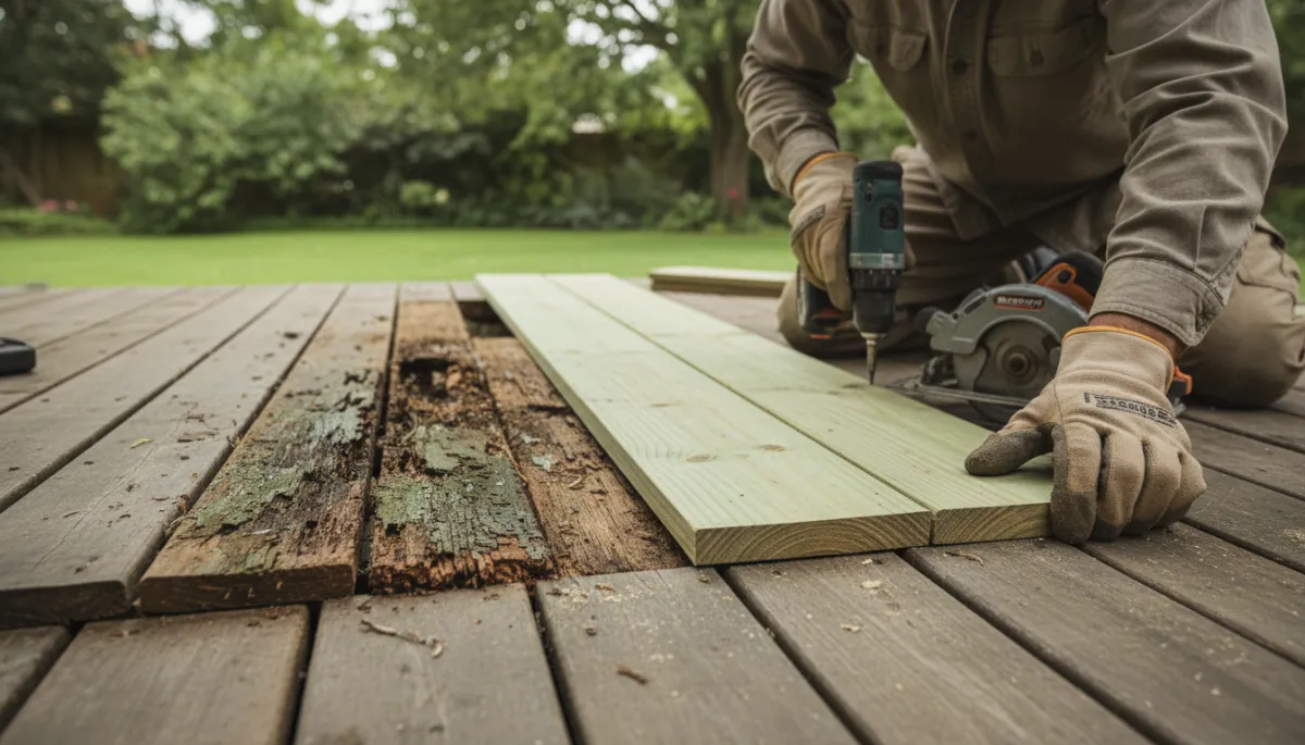 photorealistic close-up of a worker replacing a rotten deck board on a backyard deck, showing old decayed board next to new treated lumber, neutral colors, soft natural daylight