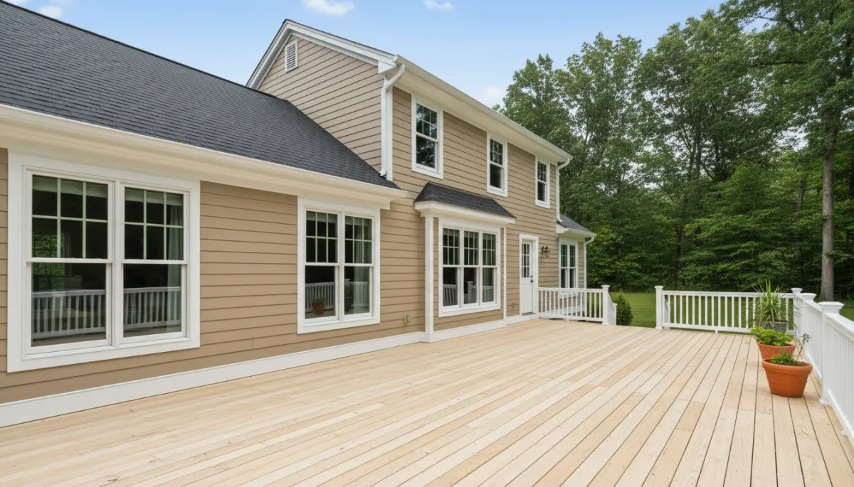 photorealistic wide shot of a freshly repaired and repainted Southern Maryland home exterior, crisp white trim and soffits, clean deck boards in foreground, neutral color scheme, bright but soft daylight