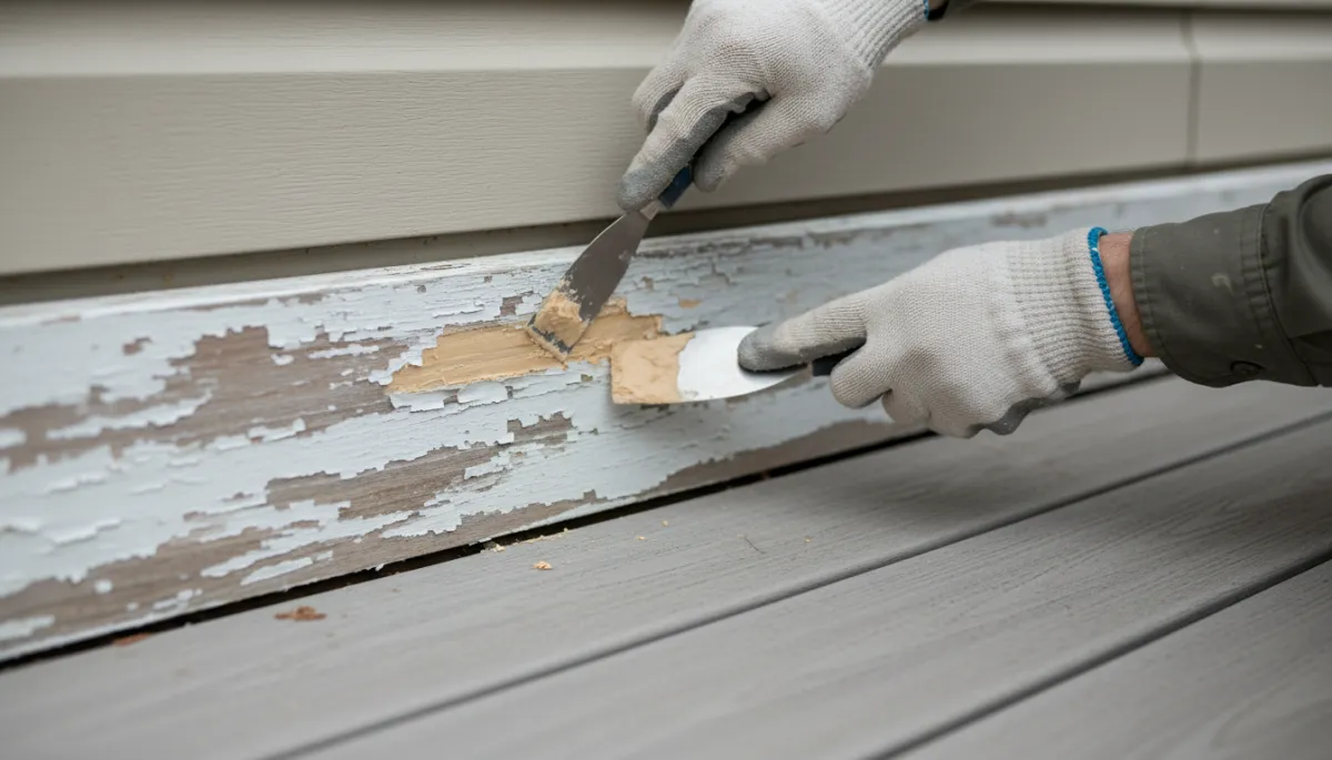 Homeowner performing exterior trim repair near a deck