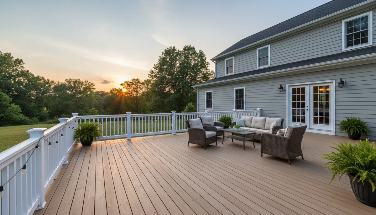 Freshly stained and sealed deck with repaired exterior trim