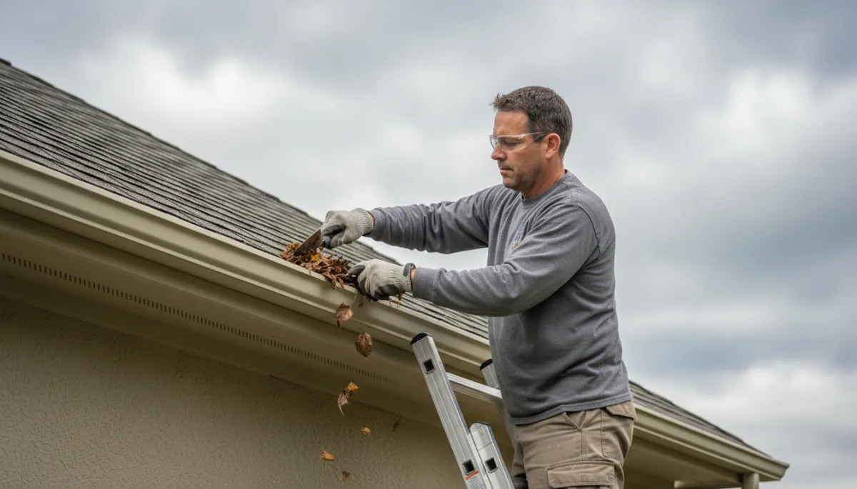 Handyman cleaning gutters on a Southern Maryland rental home