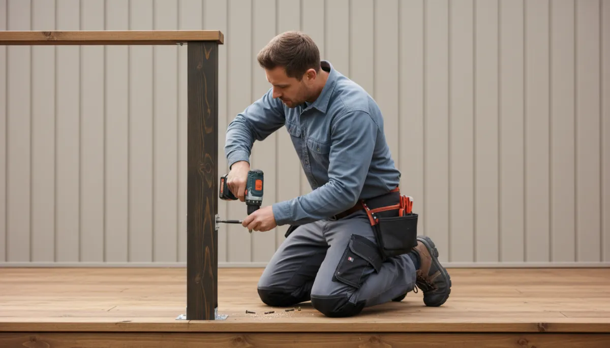 Handyman tightening a deck railing on a rental property
