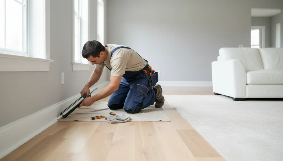 Handyman caulking baseboards in a rental property before leasing