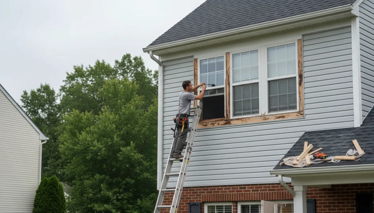 photorealistic close-up of a Southern Maryland style suburban home exterior, contractor repairing rotten wooden trim around a window with tools and ladder visible, neutral color palette, overcast daylight