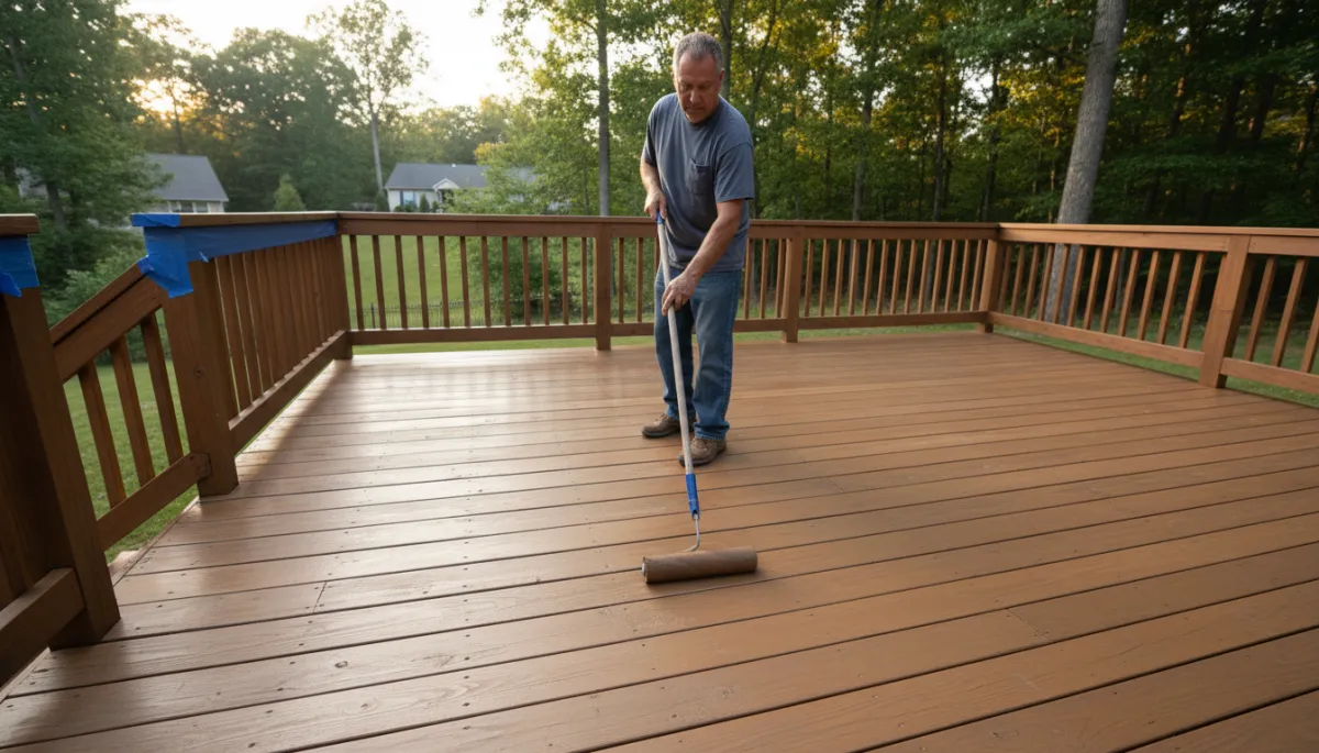 photorealistic neutral-toned backyard deck in Southern Maryland being stained by a homeowner with a roller, nearby railings masked off, late afternoon light, subtle view of wooded neighborhood