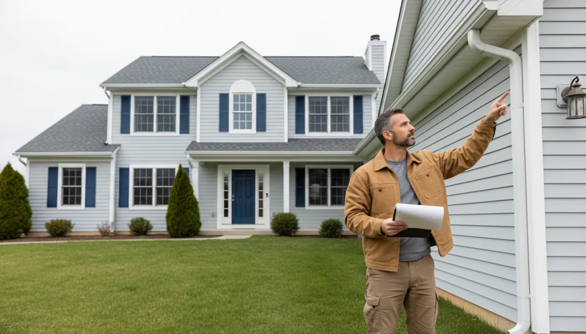 photorealistic wide shot of a professional handyman in neutral work clothes inspecting the exterior of a well-kept suburban rental home in Southern Maryland, clipboard in hand, overcast sky with soft natural light, neutral color palette