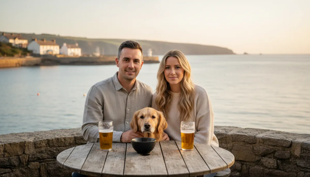 Couple with their dog outside a harbourside Cornish pub