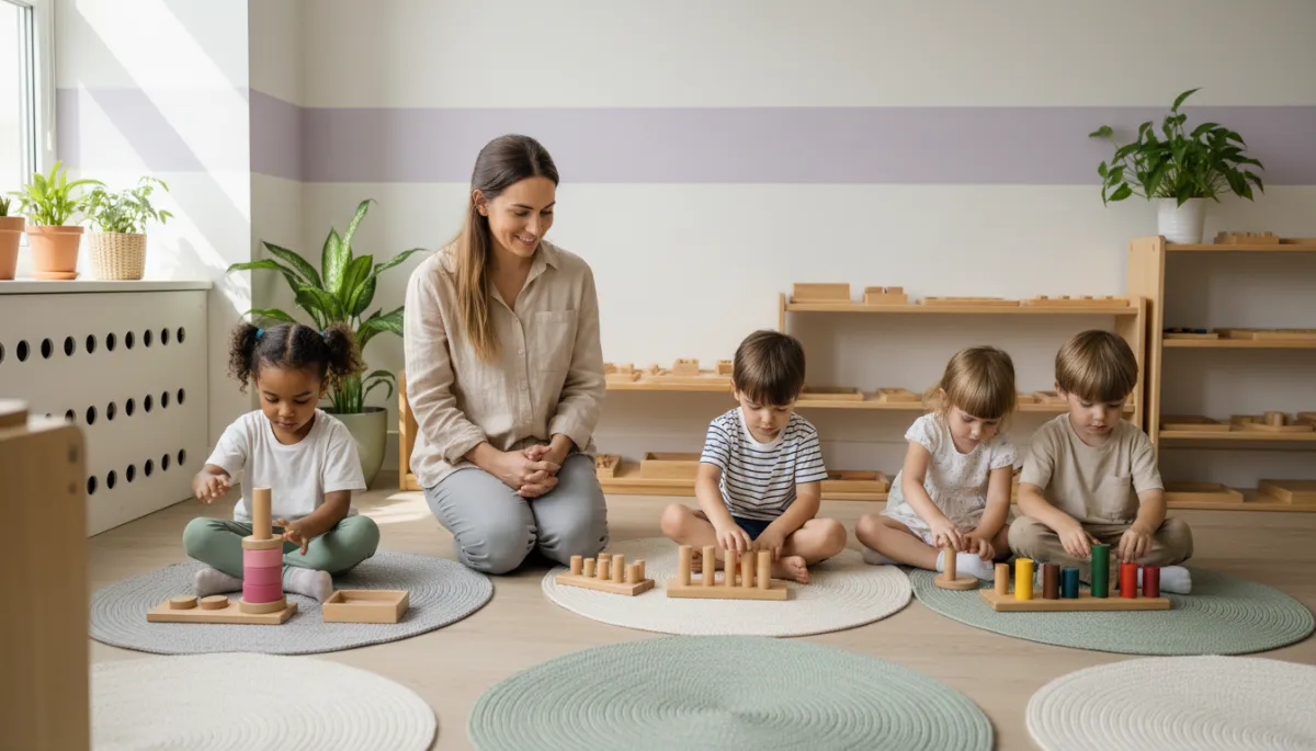 Teacher guiding a small mixed-age group of preschool children using Montessori materials