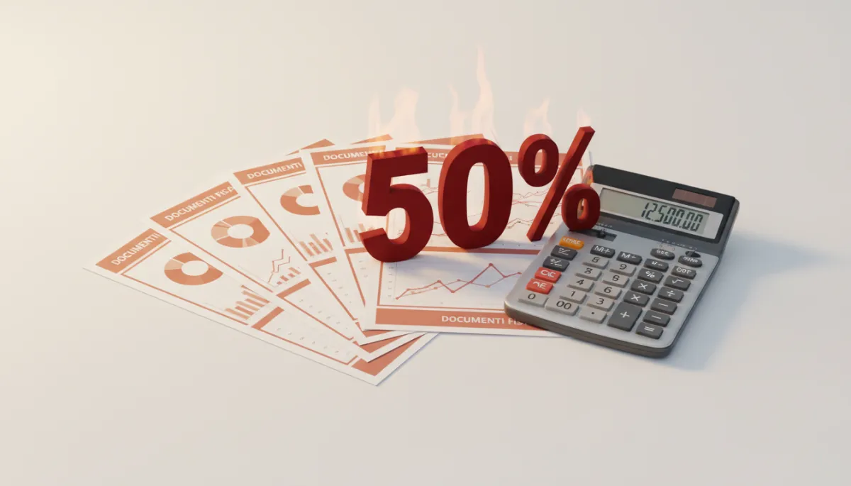 immagine fotorealistiche di documenti fiscali italiani ordinati su un tavolo bianco, calcolatrice con display acceso, grande simbolo percentuale 50% evidenziato in rosso, luce calda e morbida