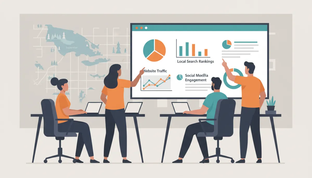 Marketing team analyzing AI-driven visibility metrics for a Northwestern Ontario business