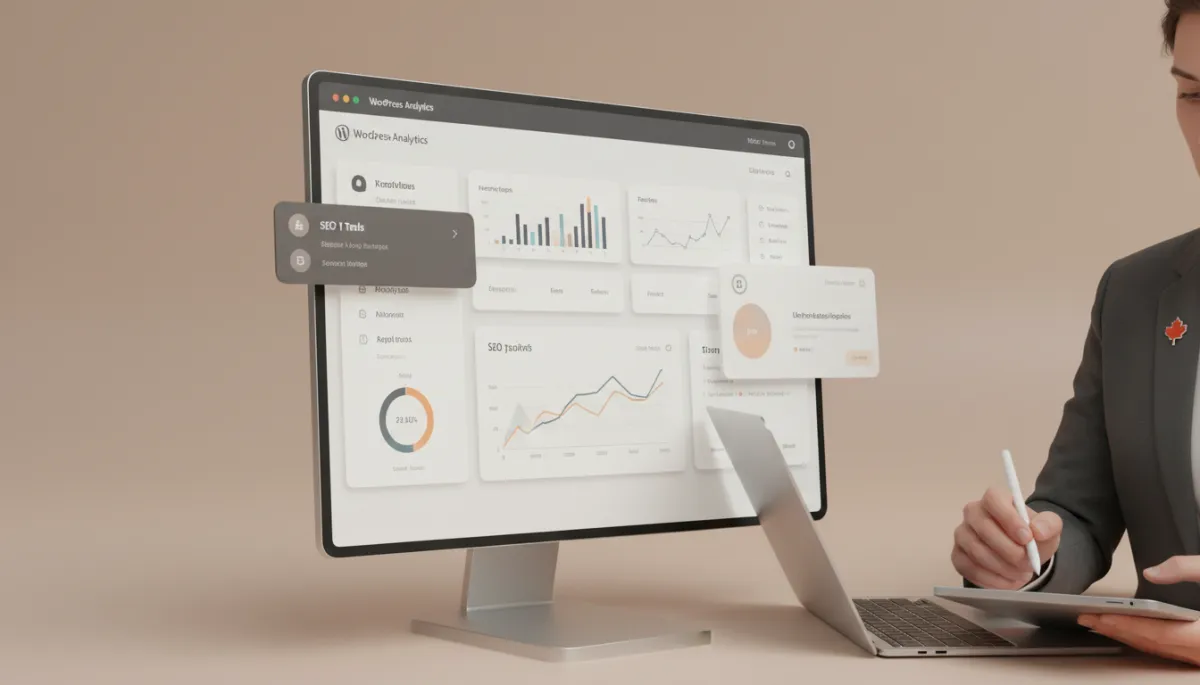 WordPress dashboard displaying traffic analytics and SEO performance metrics WordPress dashboard displaying traffic analytics and SEO performance metrics