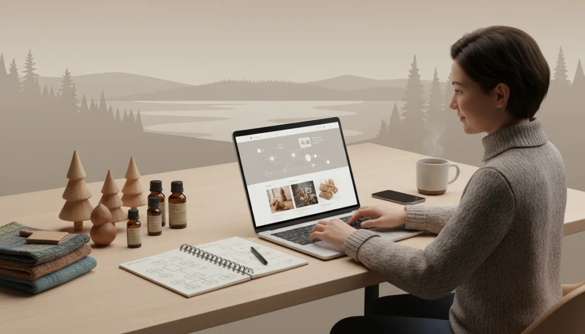 Small business owner using an AI-powered website builder on a laptop Small business owner using an AI-powered website builder on a laptop