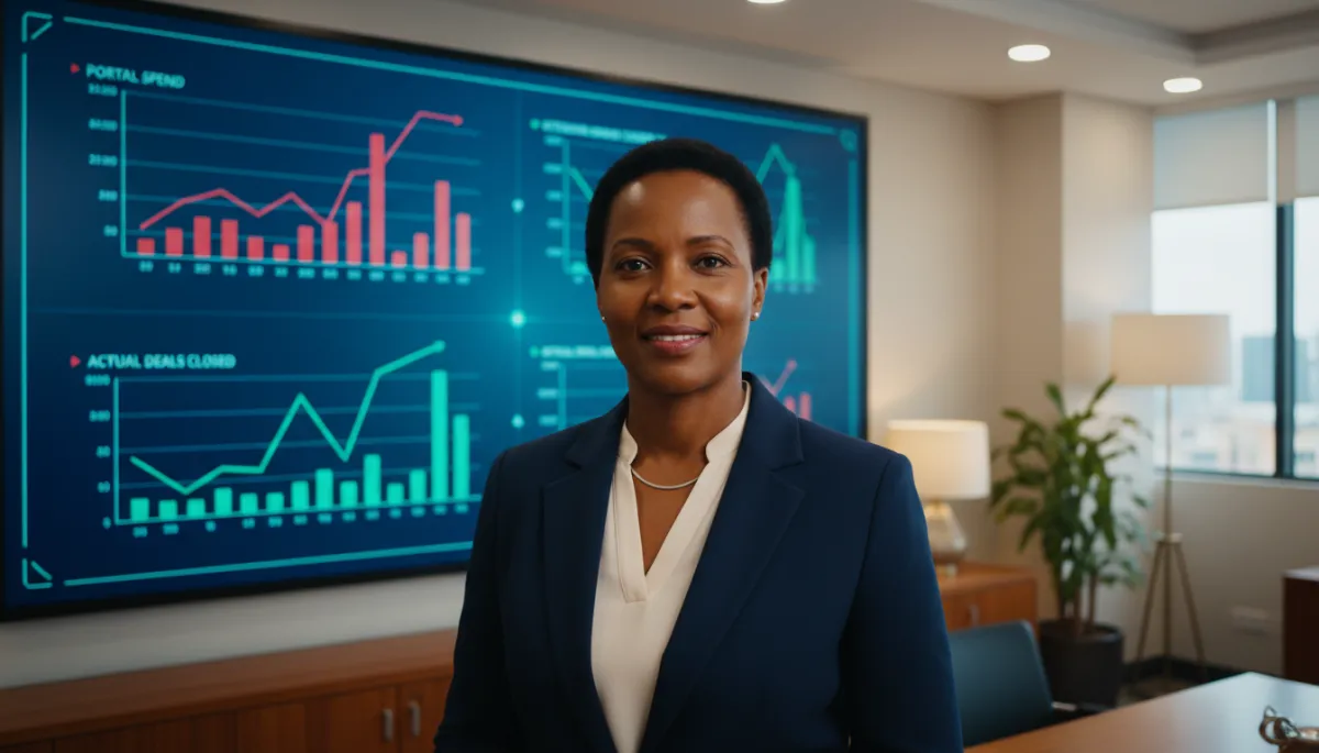 Principal reviewing portal marketing spend against closed deals on a dashboard
