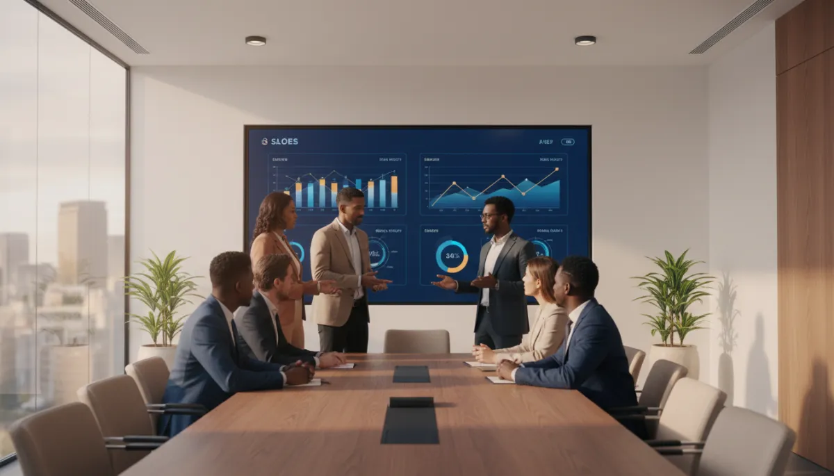 South African real estate team reviewing live AI-driven funnel metrics in a boardroom