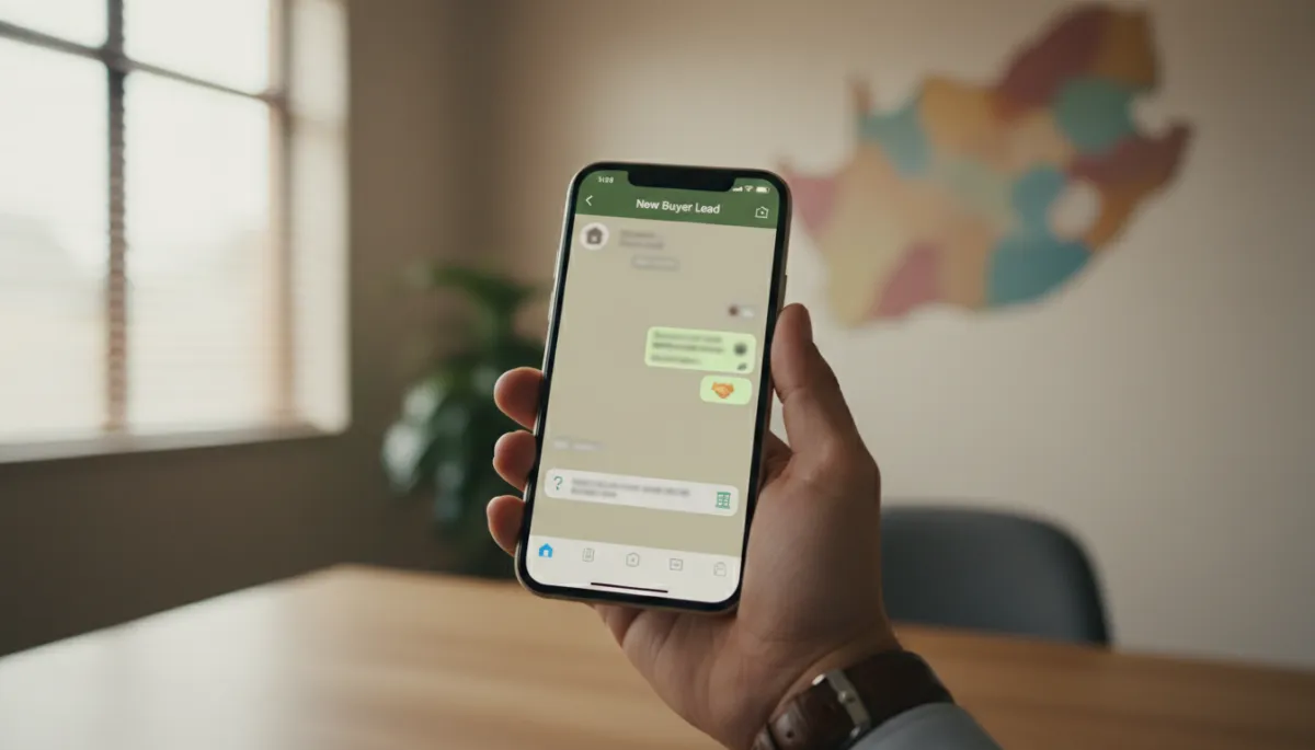 Estate agent engaging a new portal lead via WhatsApp on a smartphone