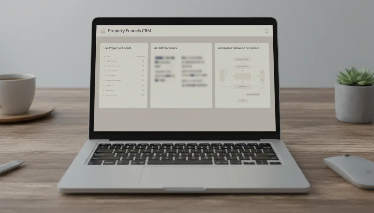 Laptop showing Property Funnels CRM dashboard with live AI-qualified leads Laptop showing Property Funnels CRM dashboard with live AI-qualified leads