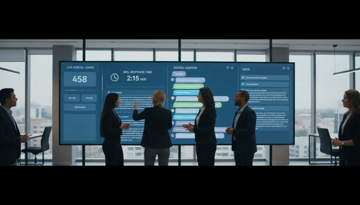 South African estate agency team reviewing live portal lead and response time dashboard