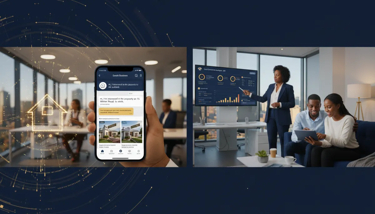 Add 5 photorealistic, cinematic images to this existing blog post about speed-to-lead in South African real estate. Place the images naturally throughout the post at relevant sections. Use a modern South African real estate visual style with a color palette of deep navy blue, warm gold accents, and clean whites. The images should include: 1) A South African estate agent looking stressed while checking their phone for missed portal leads, 2) A close-up of a smartphone showing a WhatsApp Business automated reply conversation, 3) A modern South African real estate office with a principal reviewing a CRM analytics dashboard, 4) A young South African couple excitedly browsing property listings on a tablet in the evening, 5) An abstract cinematic visual of AI automation and lead flow — digital connections, data streams, and a property icon — in a dark navy and gold color scheme. All images must be photorealistic and high quality.. Context: This is for a blog post about "The 15-Minute Rule: Why Speed-to-Lead Is Costing South African Estate Agents Thousands". Style: Professional quality, photorealistic, high resolution Add 5 photorealistic, cinematic images to this existing blog post about speed-to-lead in South African real estate. Place the images naturally throughout the post at relevant sections. Use a modern South African real estate visual style with a color palette of deep navy blue, warm gold accents, and clean whites. The images should include: 1) A South African estate agent looking stressed while checking their phone for missed portal leads, 2) A close-up of a smartphone showing a WhatsApp Business automated reply conversation, 3) A modern South African real estate office with a principal reviewing a CRM analytics dashboard, 4) A young South African couple excitedly browsing property listings on a tablet in the evening, 5) An abstract cinematic visual of AI automation and lead flow — digital connections, data streams, and a property icon — in a dark navy and gold color scheme. All images must be photorealistic and high quality.. Context: This is for a blog post about "The 15-Minute Rule: Why Speed-to-Lead Is Costing South African Estate Agents Thousands". Style: Professional quality, photorealistic, high resolution