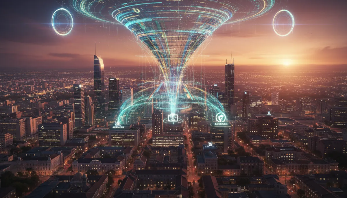 Cinematic data funnel over South African city symbolising AI lead automation