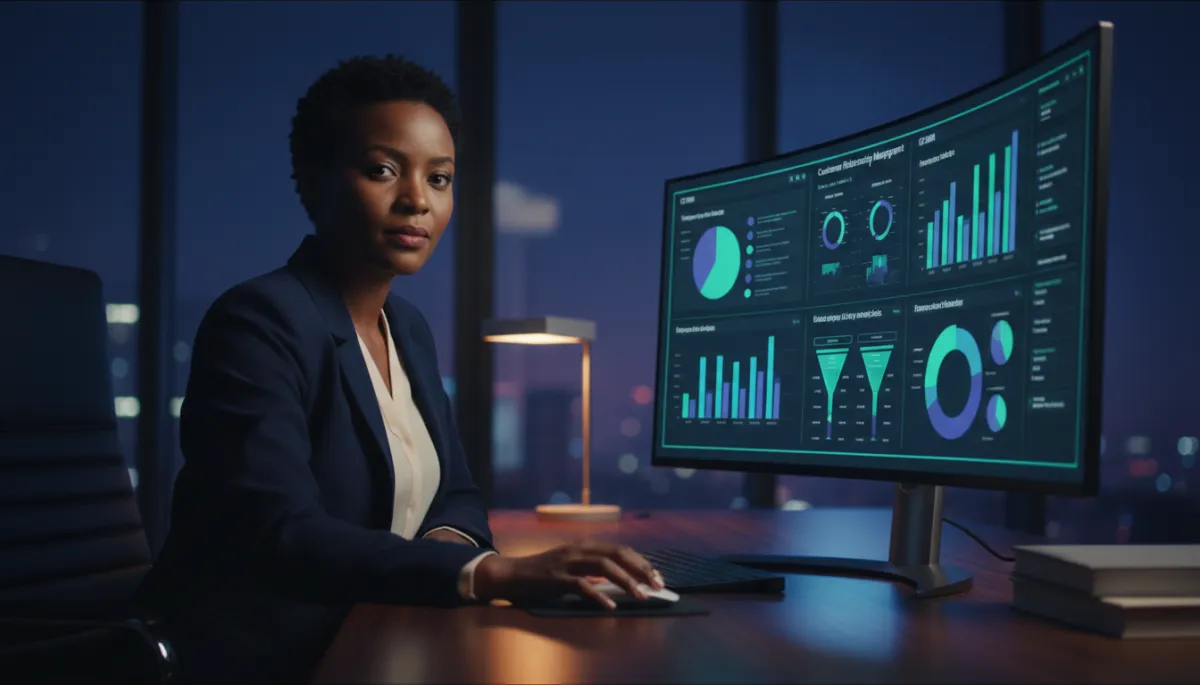 Agency principal reviewing CRM dashboard analytics for portal leads