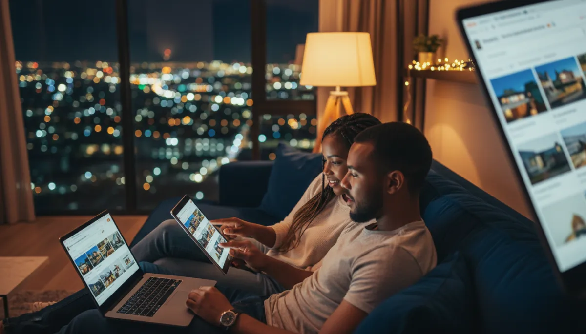 Young South African couple browsing property listings online at night