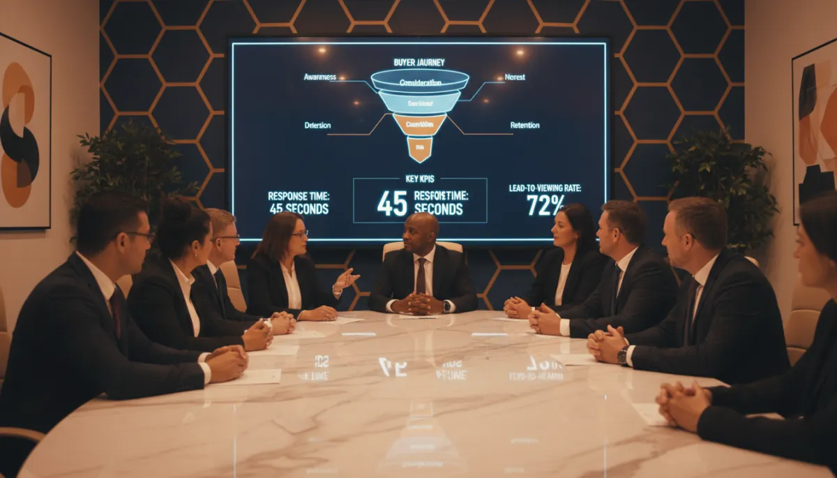Development leadership team reviewing buyer journey funnel and lead management KPIs Development leadership team reviewing buyer journey funnel and lead management KPIs