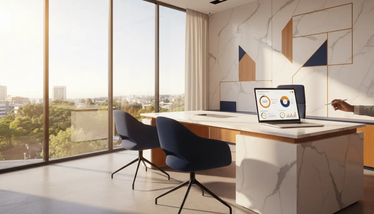 Sales office with CRM dashboard showing property development enquiry metrics Sales office with CRM dashboard showing property development enquiry metrics