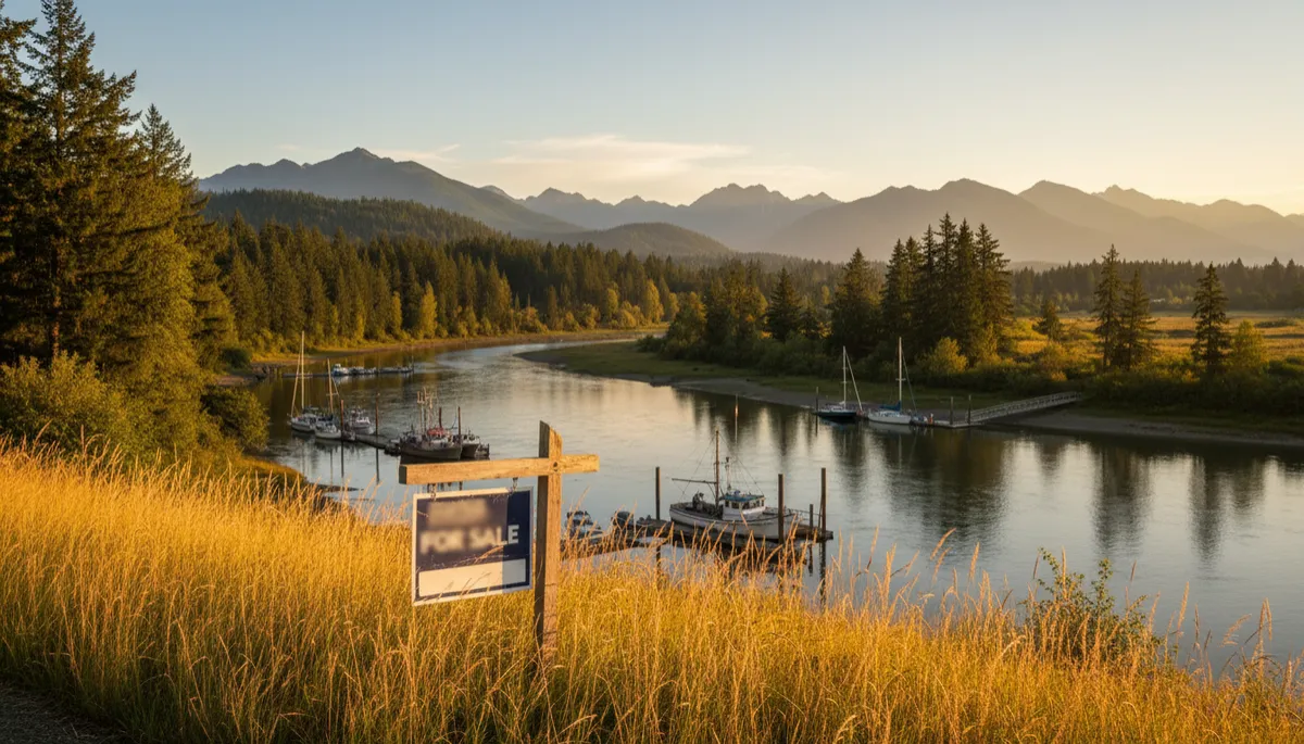Waterfront real estate for sale sign near Sandy Point in Ferndale, WA at golden hour